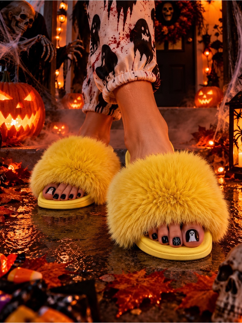 Women New Yellow Fluffy Slide Sandals